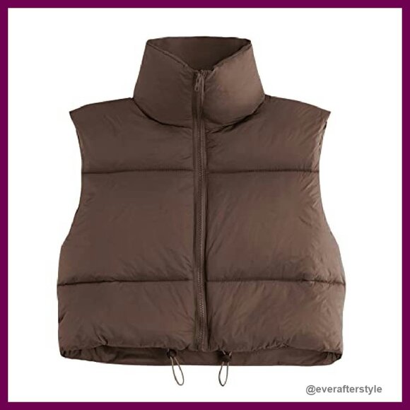 Cropped Puffer Vest Quilted Sleeveless Zip Chic Minimal Fall Winter Outerwear - Picture 2 of 8